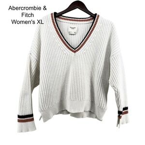 Abercrombie Fitch Womens XL Y2K White Ribbed V-Neck Varsity Striped Sweater